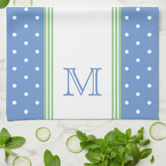 Preppy Blauw en Groen Polka Dot Monogram Theedoek (Gevouwen)