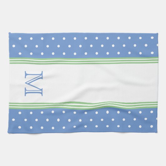 Preppy Blauw en Groen Polka Dot Monogram Theedoek (Horizontaal)