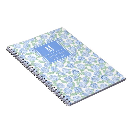 Preppy Blauw en Groene Hortensia Monogram Notitieboek (Rechterzijde)