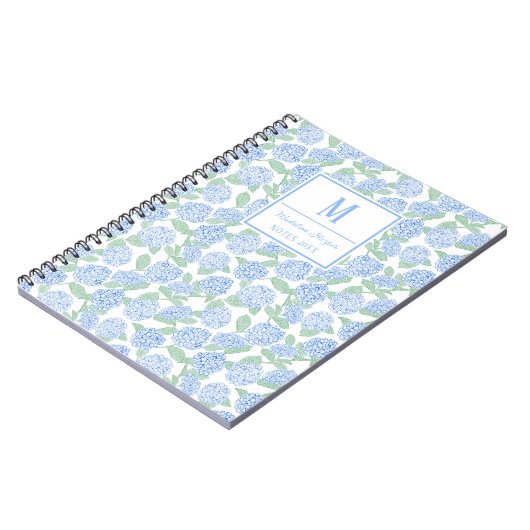 Preppy Blauw en Groene Hortensia Monogram Notitieboek (Linkerzijde)