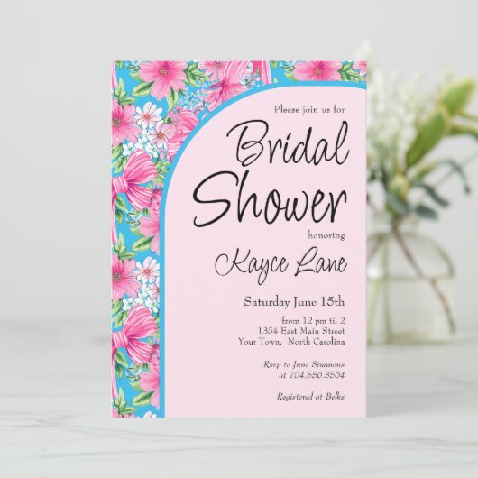 Preppy Blauw en Roze Bruids Douche uitnodiging (Staand voorkant)