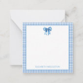 Preppy blauw en wit gingham en boog notitiekaartje (Voorkant)