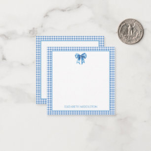 Preppy blauw en wit gingham en boog notitiekaartje