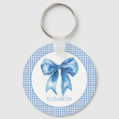 Preppy blauw en wit gingham en boog sleutelhanger (Voorkant)