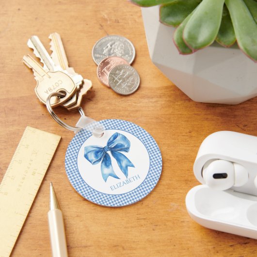 Preppy blauw en wit gingham en boog sleutelhanger (Bureau)