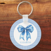 Preppy blauw en wit gingham en boog sleutelhanger (Voorkant)