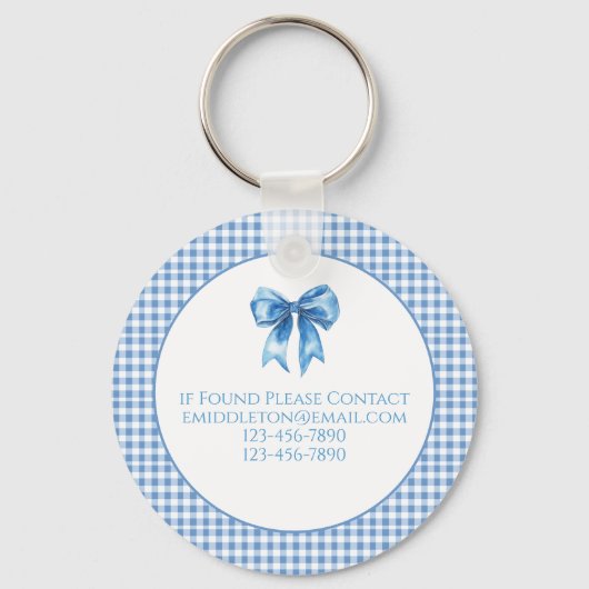 Preppy blauw en wit gingham en boog sleutelhanger (Achterkant)