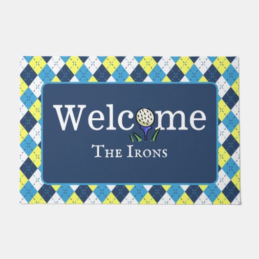 Preppy Blauw Geel Argyle Personaliseer Golf Welkom Deurmat (Voorkant)