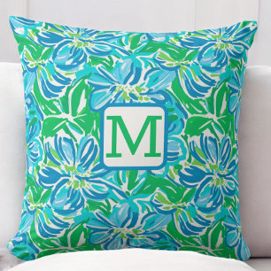 Preppy Blauwe Bloemen Monogram Kussen