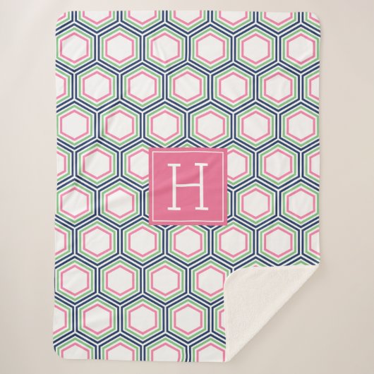 Preppy Blauwe en Groene Honingraat Print Monogramm Sherpa Deken (Voorkant)