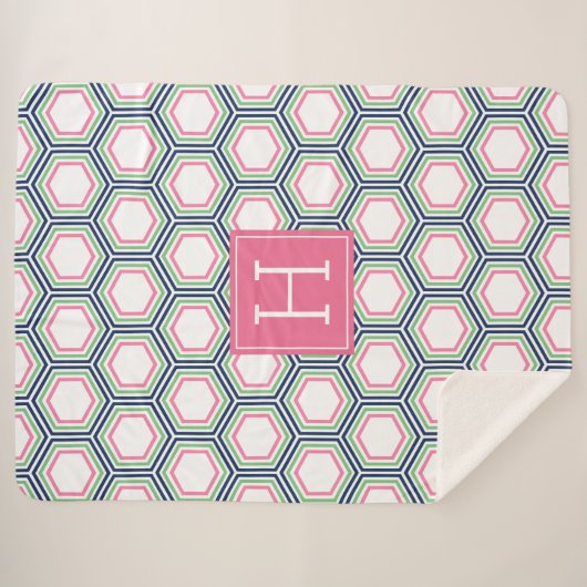 Preppy Blauwe en Groene Honingraat Print Monogramm Sherpa Deken (Voorkant (horizontaal))