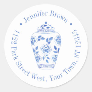 Preppy Blauwe en Witte Ginger Pot Retouradres Ronde Sticker