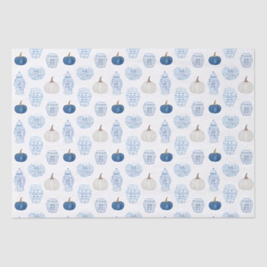 Preppy Blauwe en Witte Pompoenen Ginger Jars Herfs Tissuepapier (Voorkant)