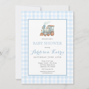 Preppy blauwe geruite Choo Choo trein baby shower Kaart
