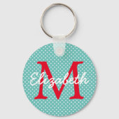 Preppy Blauwgroen en Red Polka Dot Monogram Sleutelhanger (Voorkant)