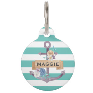 preppy bloemenanker monogram ID Hond Label Huisdierpenning
