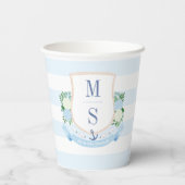 Preppy Blue and White Coastal Crest Baby shower Papieren Bekers (Achterkant)