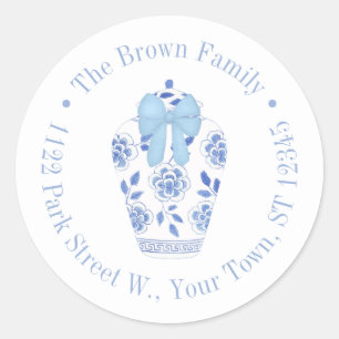 Preppy Blue Bow Ginger Jar retouradres Ronde Sticker