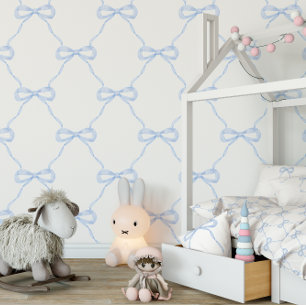 Preppy Blue Bow Grandmillennial stijl Behang
