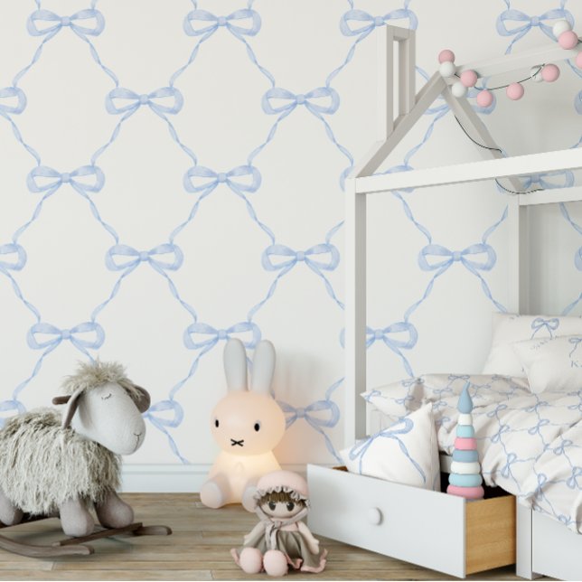 Preppy Blue Bow Grandmillennial stijl Behang (Matching wallpaper, duvet cover and pillow)