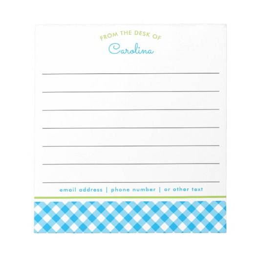 Preppy Blue en Green Script Gingham Lined Notitieb Notitieblok (Voorkant)