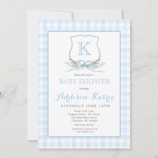 Preppy Blue En vichy Crest Baby shower Invitation (Devant)