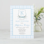 Preppy Blue En vichy Crest Baby shower Invitation (Debout devant)