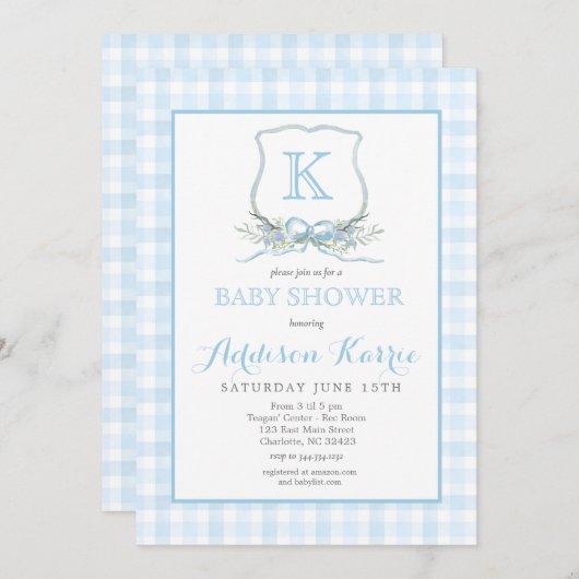 Preppy Blue En vichy Crest Baby shower Invitation (Devant / Derrière)