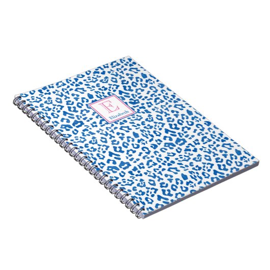 Preppy Blue en White Leopard Print Monogramed Notitieboek (Rechterzijde)