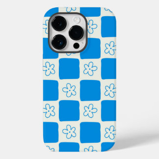 Preppy Blue Flower geruit patroon Case-Mate iPhone 14 Pro Hoesje