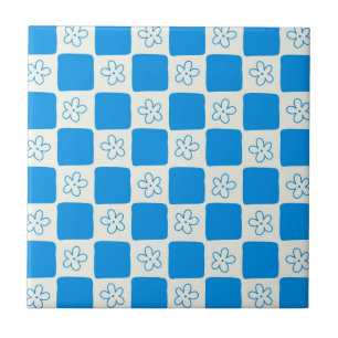 Preppy Blue Flower geruit patroon Tegeltje