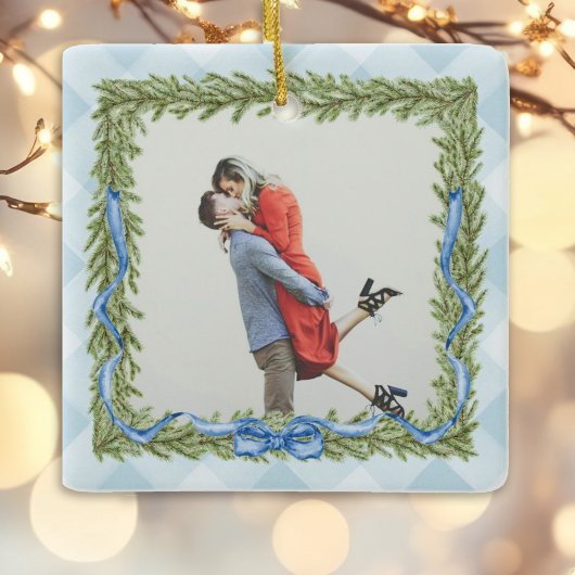 Preppy Blue Gingham foto Kerst Keramisch Ornament