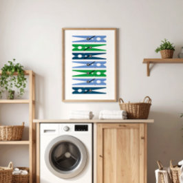Preppy Blue Green Clothes Pins Laundry Room Art Poster