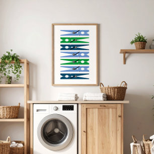 Preppy Blue Green Clothes Pins Laundry Room Art Poster