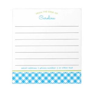 Preppy Blue & Green Script En vichy Bloc-notes
