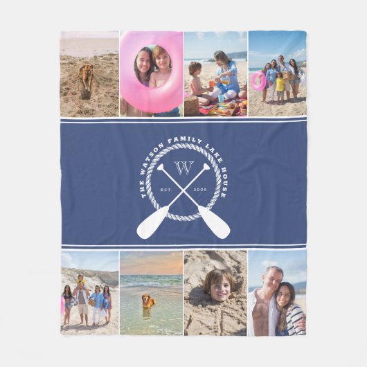 Preppy Blue Lake House Monogram Foto Collage Fleece Deken (Voorkant)