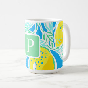 Preppy Blue Lemon Initiaal Monogram Coffee Mok