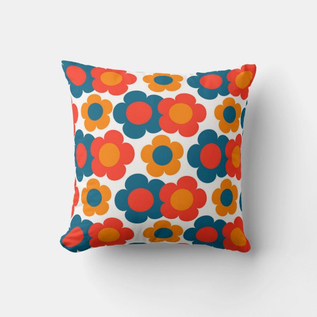 Preppy Blue Oranje Hippie Flower Pattern Kussen (Voorkant)