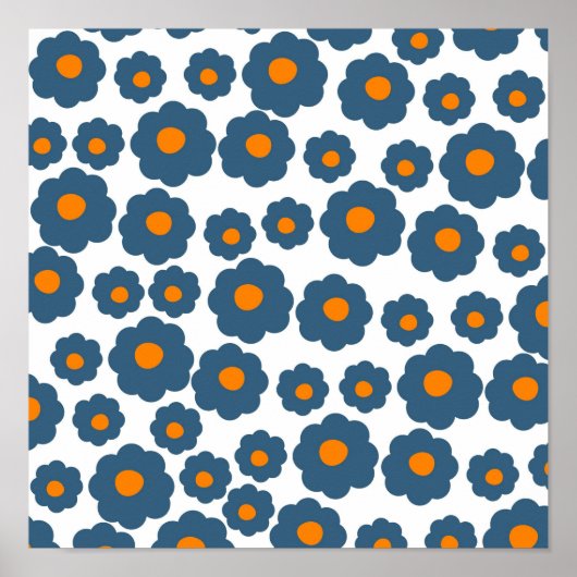 Preppy Blue Oranje Hippie Flower Pattern Poster (Voorkant)
