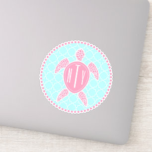 Preppy Blue Pink Monogram Quatrefoil Zee Turtle Sticker