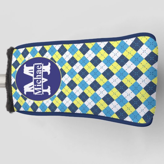 Preppy Blue Raspberry Lemon Argyle Monogram Golfheadcover (Voorkant)