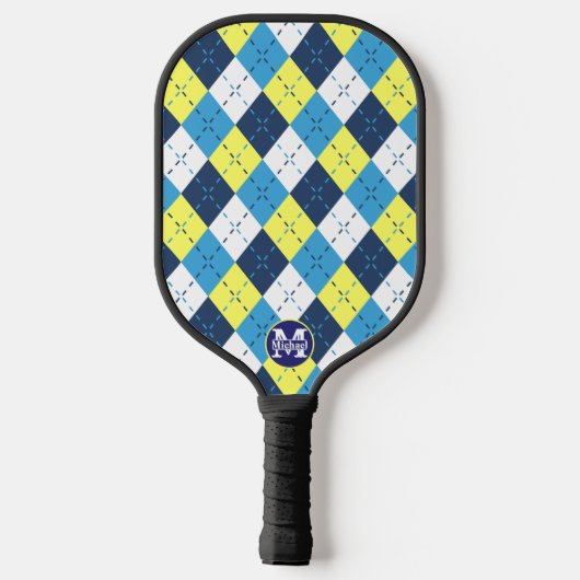 Preppy Blue Raspberry Lemon Argyle Monogram Pickleball Paddle (Achterkant)