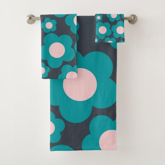 Preppy Blue Roze Hippie Flower Pattern Bad Handdoek (Insitu)