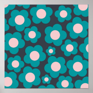 Preppy Blue Roze Hippie Flower Pattern Poster