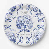 Preppy Blue Toile Hydrangea Bow met naam Papieren Bordje (Voorkant)