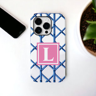 Preppy Blue Trellis Bamboe Patroon Monogram Case-Mate iPhone 14 Pro Hoesje