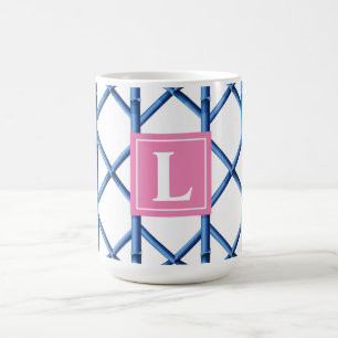 Preppy Blue Trellis Bamboe Patroon Monogram Koffiemok