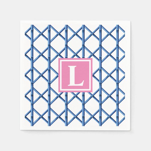Preppy Blue Trellis Bamboe Patroon Monogram Servet (Voorkant)