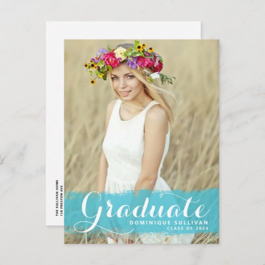 Preppy Blue Waterverf Overlay Photo Afstuderen Aankondigingskaart (Voorkant / Achterkant)
