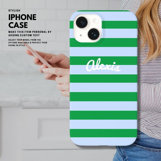 Preppy Bold Retro Streep Roze Groen Gepersonalisee Case-Mate iPhone Case